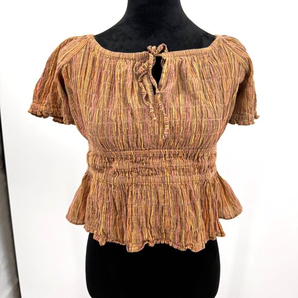 Free People Vivi‎ Smocked Peasant Top Womens M Milk maid Tie Blouson Puff Sleeve - Picture 1 of 7